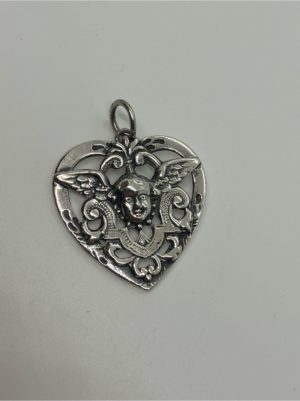 Vtg 925 Sterling Silver Art Nouveau Style Cherub Heart Necklace Pendant